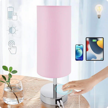 Bedside Lamp with USB Port - Touch Control Table Lamp for Bedroom 3 Way Dimmable Nightstand Lamp with Round Pink Fabric Shade for Living Room, Dorm, Home Office (LED Bulb Included)