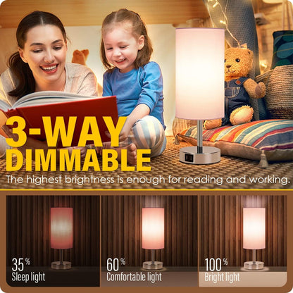 Bedside Lamp with USB Port - Touch Control Table Lamp for Bedroom 3 Way Dimmable Nightstand Lamp with Round Pink Fabric Shade for Living Room, Dorm, Home Office (LED Bulb Included)