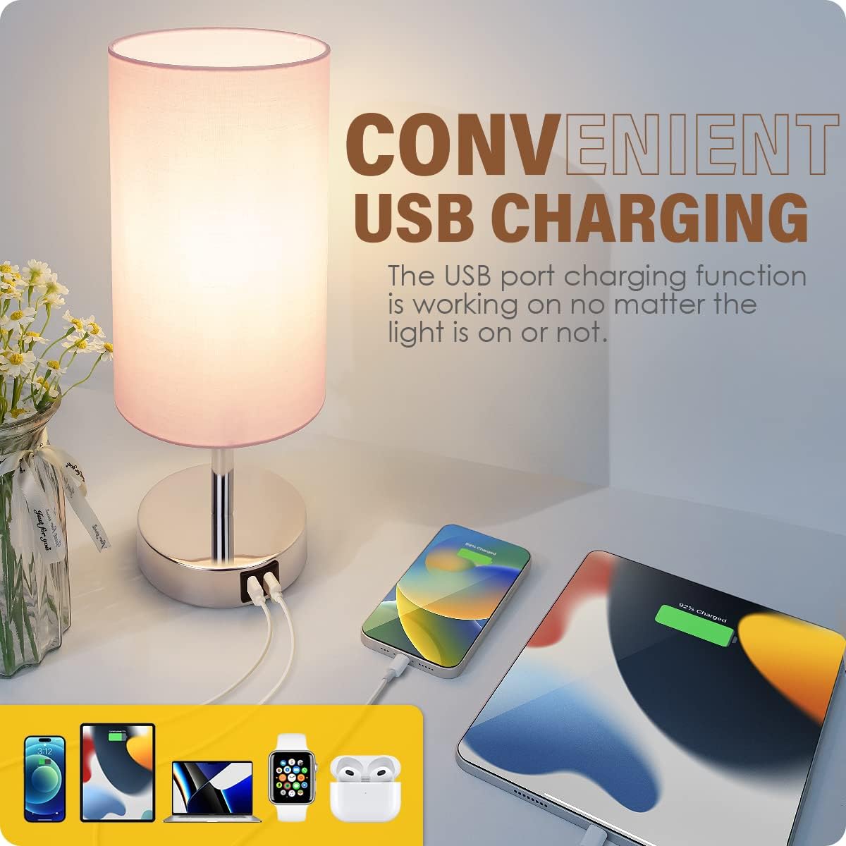 Bedside Lamp with USB Port - Touch Control Table Lamp for Bedroom 3 Way Dimmable Nightstand Lamp with Round Pink Fabric Shade for Living Room, Dorm, Home Office (LED Bulb Included)