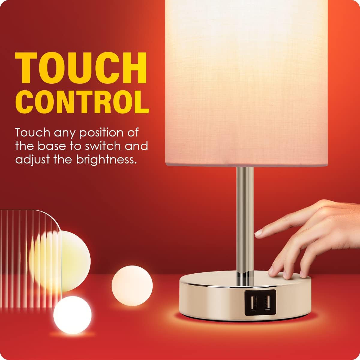 Bedside Lamp with USB Port - Touch Control Table Lamp for Bedroom 3 Way Dimmable Nightstand Lamp with Round Pink Fabric Shade for Living Room, Dorm, Home Office (LED Bulb Included)