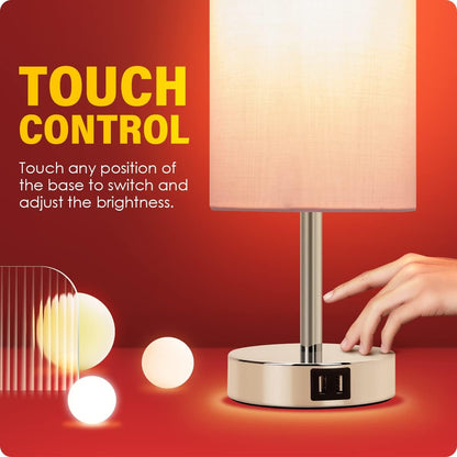 Bedside Lamp with USB Port - Touch Control Table Lamp for Bedroom 3 Way Dimmable Nightstand Lamp with Round Pink Fabric Shade for Living Room, Dorm, Home Office (LED Bulb Included)