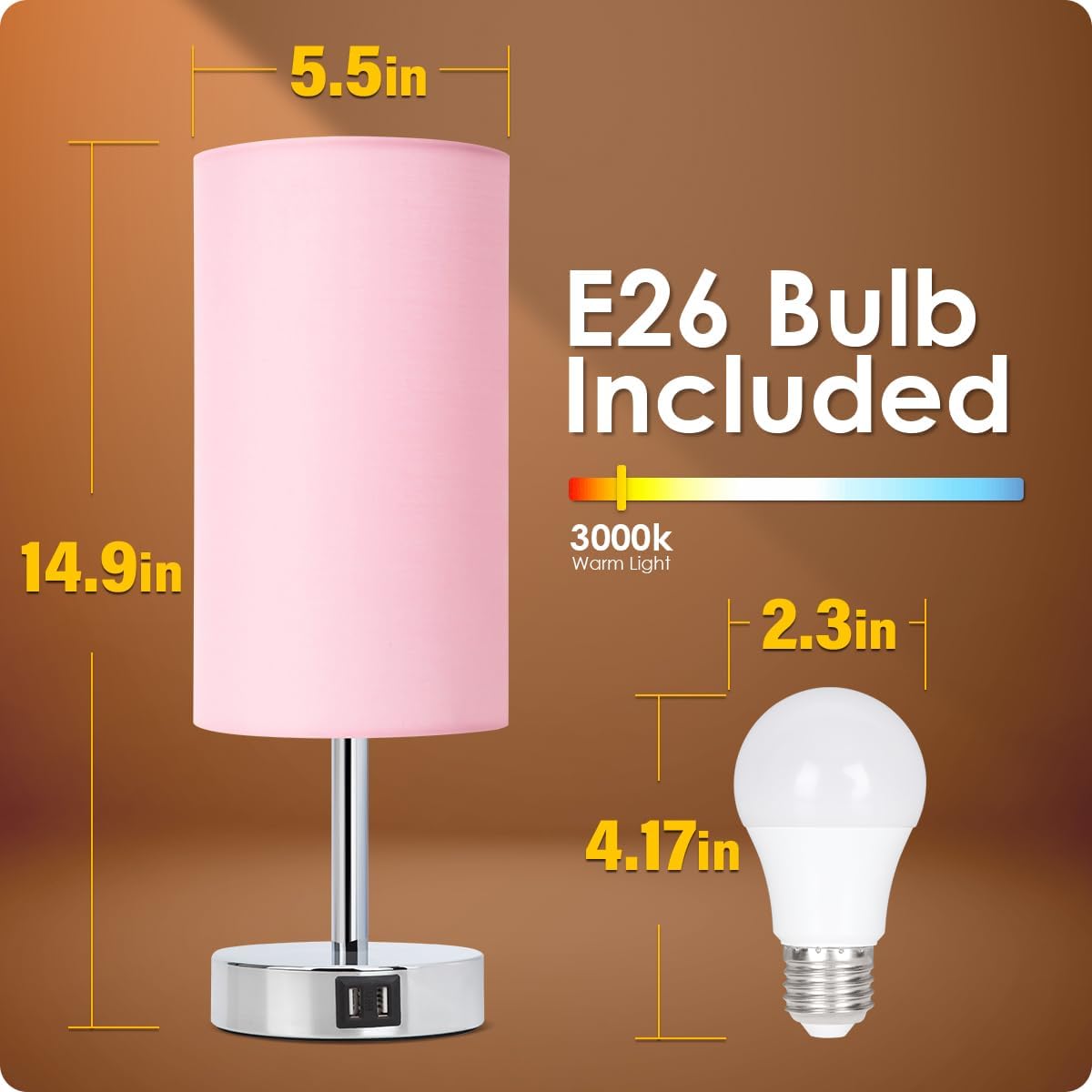 Bedside Lamp with USB Port - Touch Control Table Lamp for Bedroom 3 Way Dimmable Nightstand Lamp with Round Pink Fabric Shade for Living Room, Dorm, Home Office (LED Bulb Included)