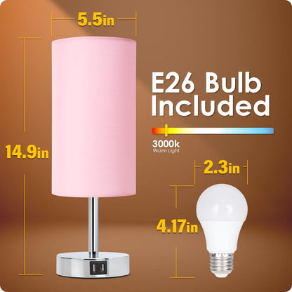Bedside Lamp with USB Port - Touch Control Table Lamp for Bedroom 3 Way Dimmable Nightstand Lamp with Round Pink Fabric Shade for Living Room, Dorm, Home Office (LED Bulb Included)