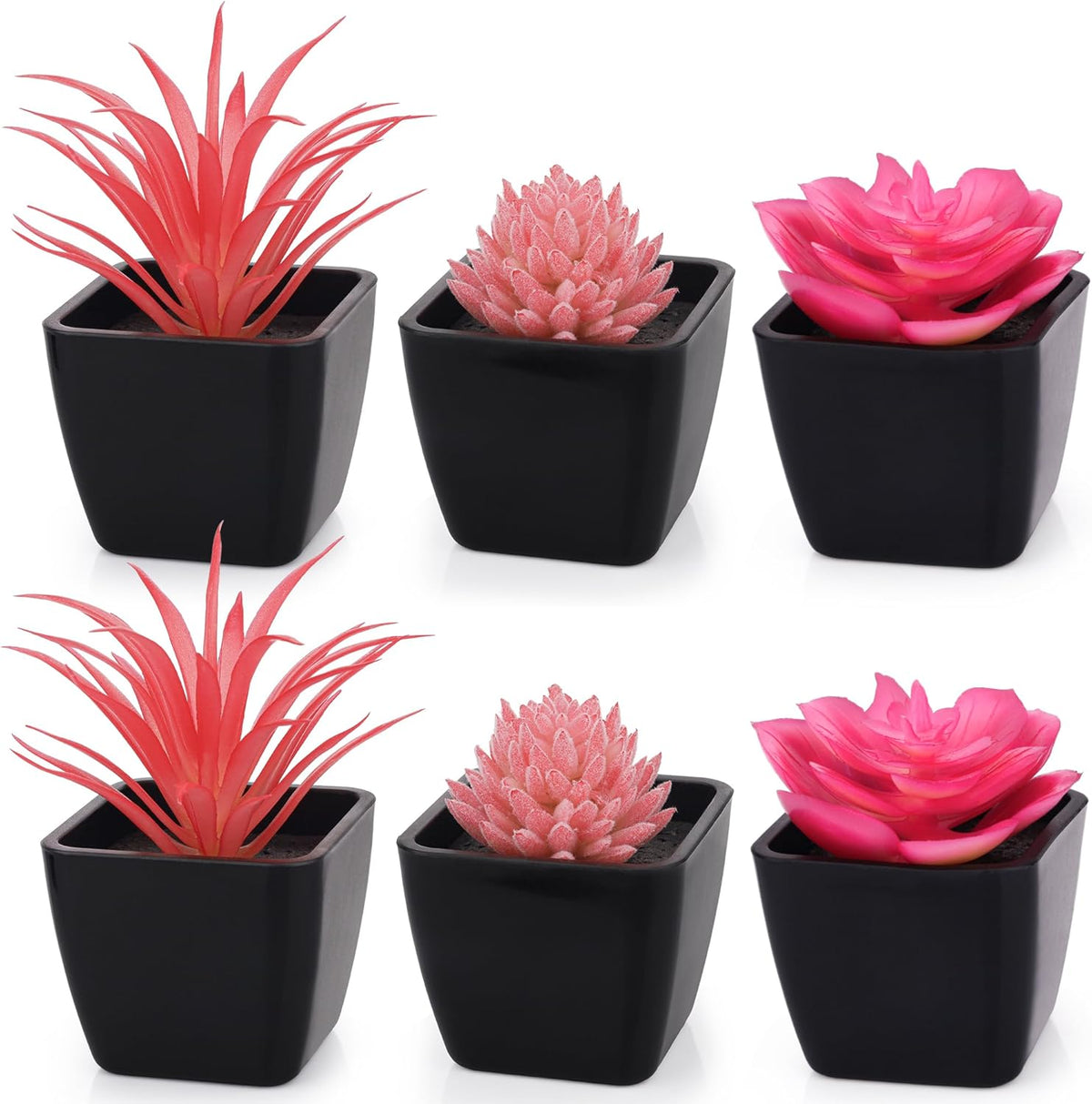6 Pcs Small Pink Artificial Succulent Plants in Black Plastic Pots