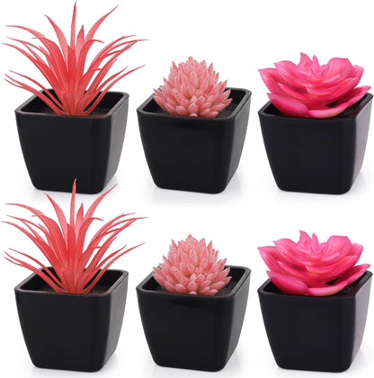 6 Pcs Small Pink Artificial Succulent Plants in Black Plastic Pots