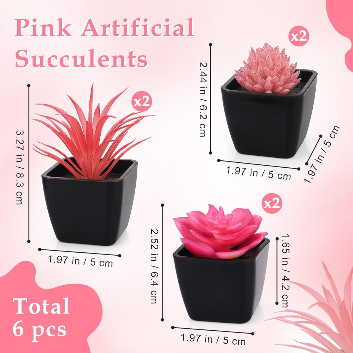 6 Pcs Small Pink Artificial Succulent Plants in Black Plastic Pots