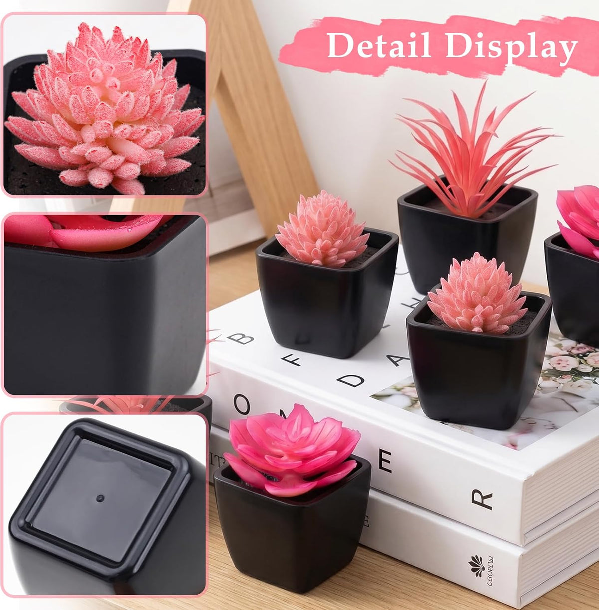 6 Pcs Small Pink Artificial Succulent Plants in Black Plastic Pots