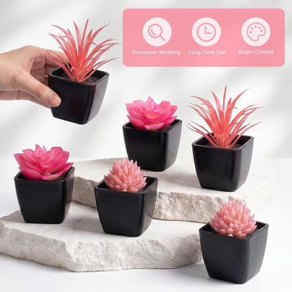 6 Pcs Small Pink Artificial Succulent Plants in Black Plastic Pots