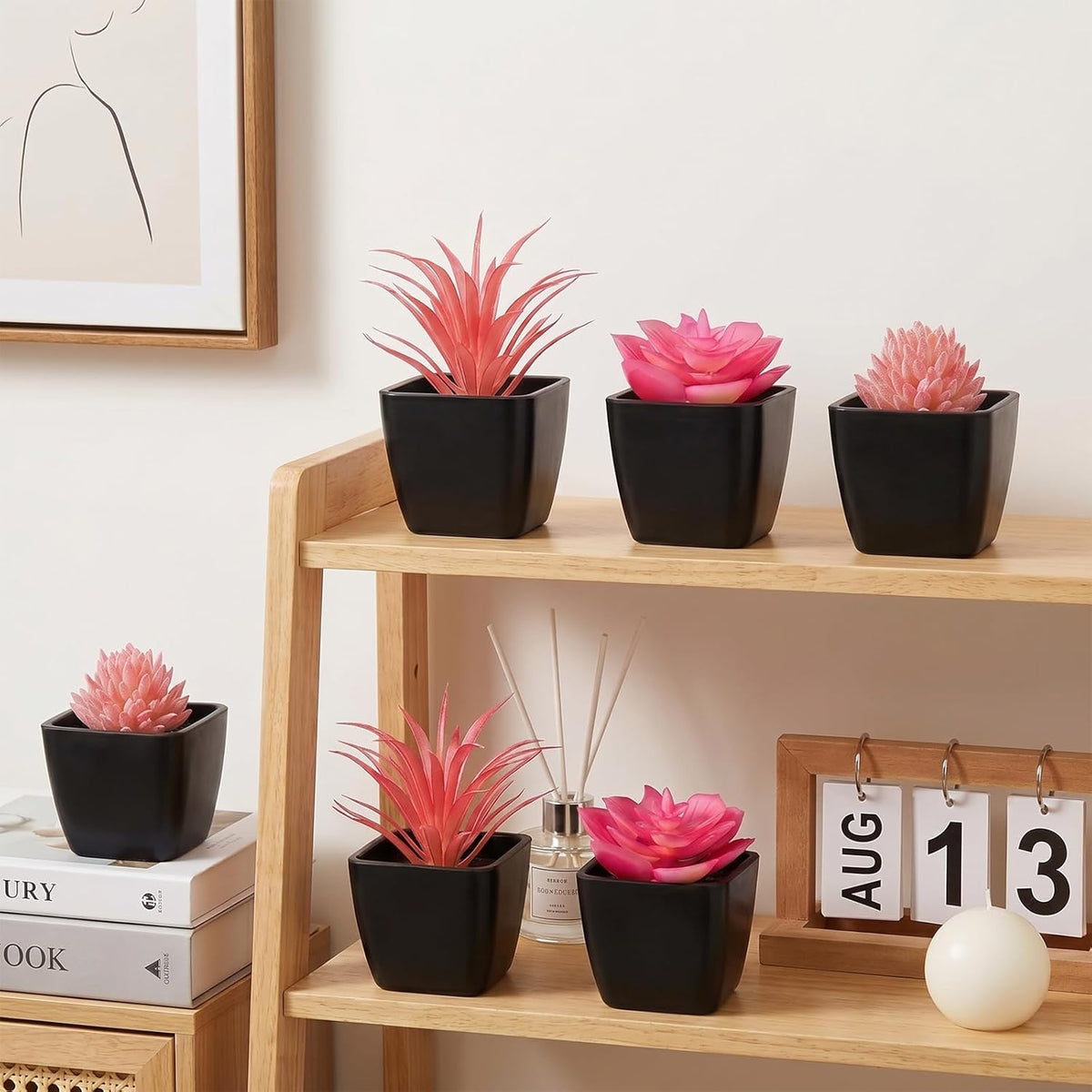 6 Pcs Small Pink Artificial Succulent Plants in Black Plastic Pots