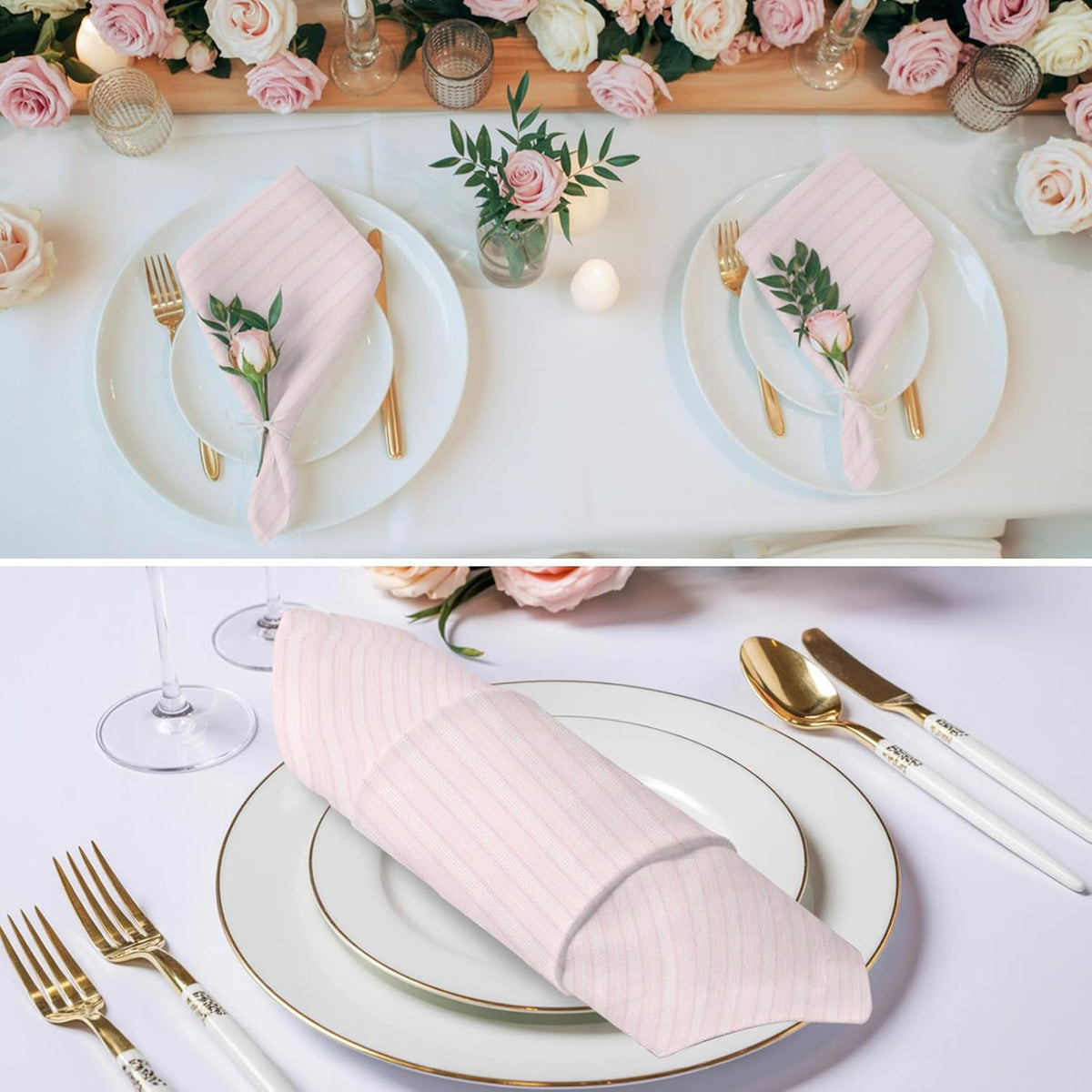 Blush Pink Line Striped Cloth Napkins Set of 4, Holiday Napkins for Baby Shower, Farmhouse Pink Stripes Washable Reusable Dinner Napkin for Cocktail Wedding Party, 20 x 20 Inch
