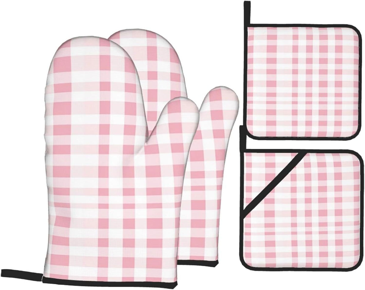 Oven Mitts Pink Gingham Aesthetic Heat Resistant Silicone Oven Mitts Set of 4,Oven Gloves for Cooking BBQ, Suitable for Barbecues Baking Cooking Microwave Cooking Gift