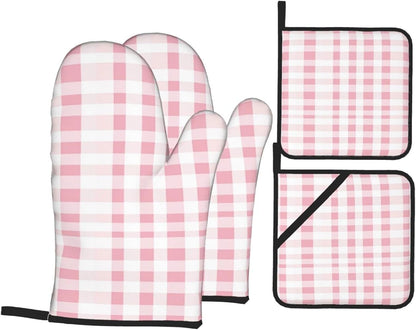 Oven Mitts Pink Gingham Aesthetic Heat Resistant Silicone Oven Mitts Set of 4,Oven Gloves for Cooking BBQ, Suitable for Barbecues Baking Cooking Microwave Cooking Gift