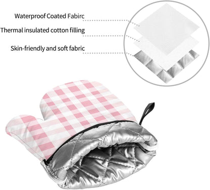 Oven Mitts Pink Gingham Aesthetic Heat Resistant Silicone Oven Mitts Set of 4,Oven Gloves for Cooking BBQ, Suitable for Barbecues Baking Cooking Microwave Cooking Gift