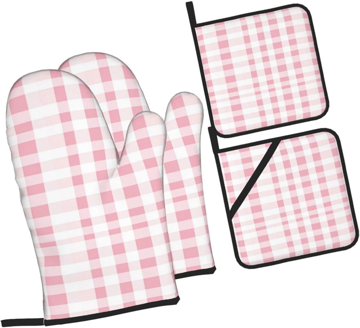Oven Mitts Pink Gingham Aesthetic Heat Resistant Silicone Oven Mitts Set of 4,Oven Gloves for Cooking BBQ, Suitable for Barbecues Baking Cooking Microwave Cooking Gift