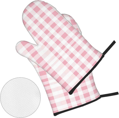 Oven Mitts Pink Gingham Aesthetic Heat Resistant Silicone Oven Mitts Set of 4,Oven Gloves for Cooking BBQ, Suitable for Barbecues Baking Cooking Microwave Cooking Gift