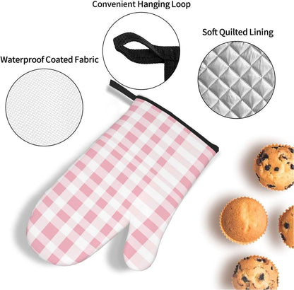 Oven Mitts Pink Gingham Aesthetic Heat Resistant Silicone Oven Mitts Set of 4,Oven Gloves for Cooking BBQ, Suitable for Barbecues Baking Cooking Microwave Cooking Gift