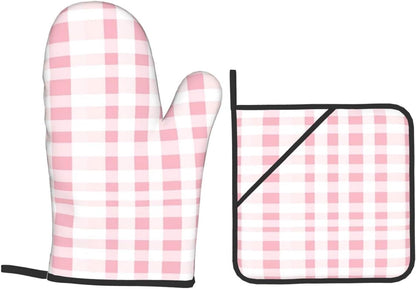 Oven Mitts Pink Gingham Aesthetic Heat Resistant Silicone Oven Mitts Set of 4,Oven Gloves for Cooking BBQ, Suitable for Barbecues Baking Cooking Microwave Cooking Gift
