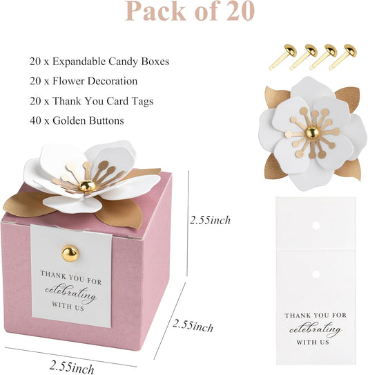 FEIYI 20 PCS Dusty Blue Candy Boxes, 3 In 1 Candy Box with Floral Decor, White Thank You Tags Gift wrapping for Wedding Birthday Baby Shower Decorations Party -2.55x2.55x2.55 inches (Dusty Rose)