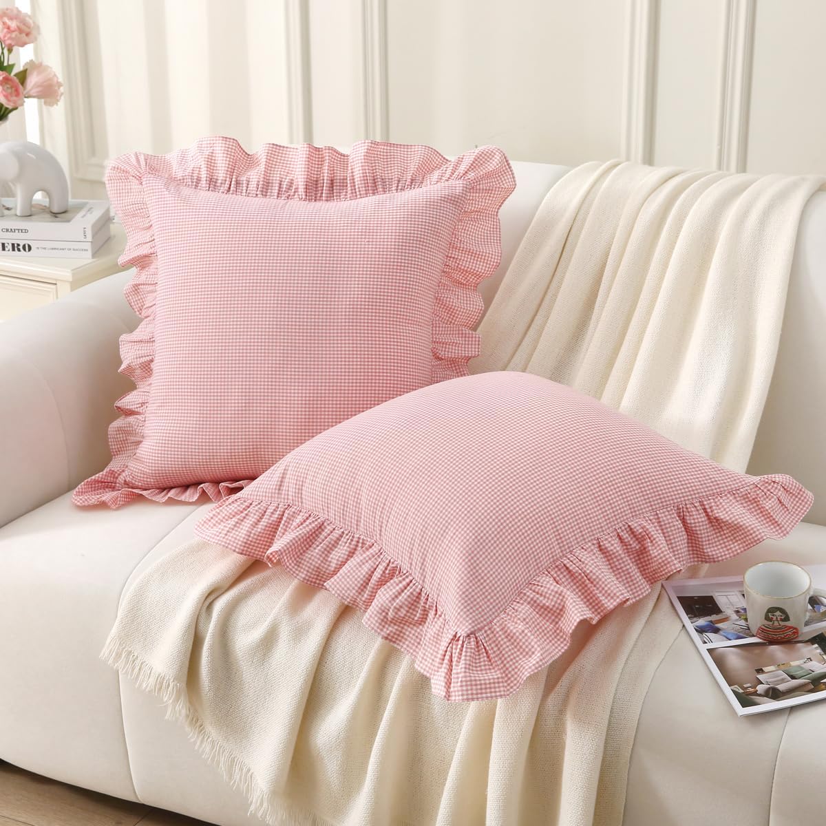 Pink/White Gingham Plaid Ruffle Throw Pillow Covers 18"x18"