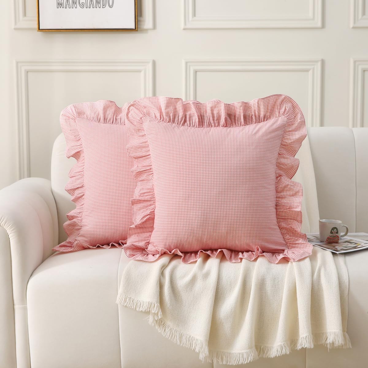 Pink/White Gingham Plaid Ruffle Throw Pillow Covers 18"x18"