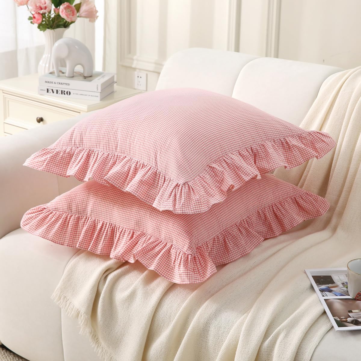 Pink/White Gingham Plaid Ruffle Throw Pillow Covers 18"x18"