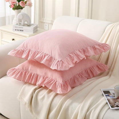 Pink/White Gingham Plaid Ruffle Throw Pillow Covers 18"x18"