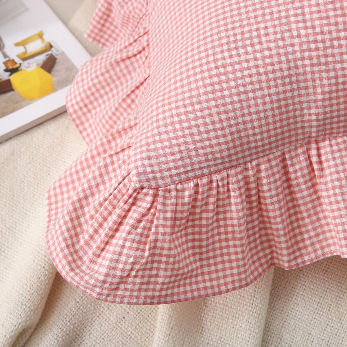 Pink/White Gingham Plaid Ruffle Throw Pillow Covers 18"x18"