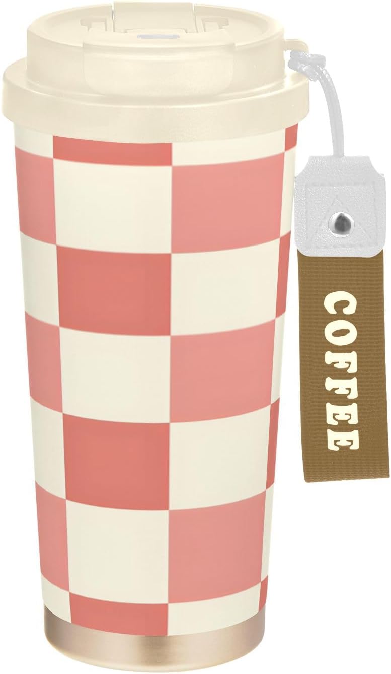 Coffee Tumbler Peach Cream Check Pattern Travel Insulated Mug with Lid Outdoor Stainless Steel Cup