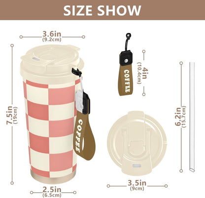 Coffee Tumbler Peach Cream Check Pattern Travel Insulated Mug with Lid Outdoor Stainless Steel Cup