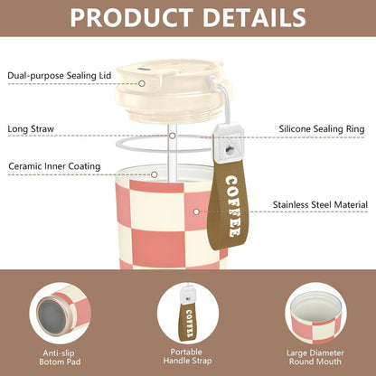 Coffee Tumbler Peach Cream Check Pattern Travel Insulated Mug with Lid Outdoor Stainless Steel Cup