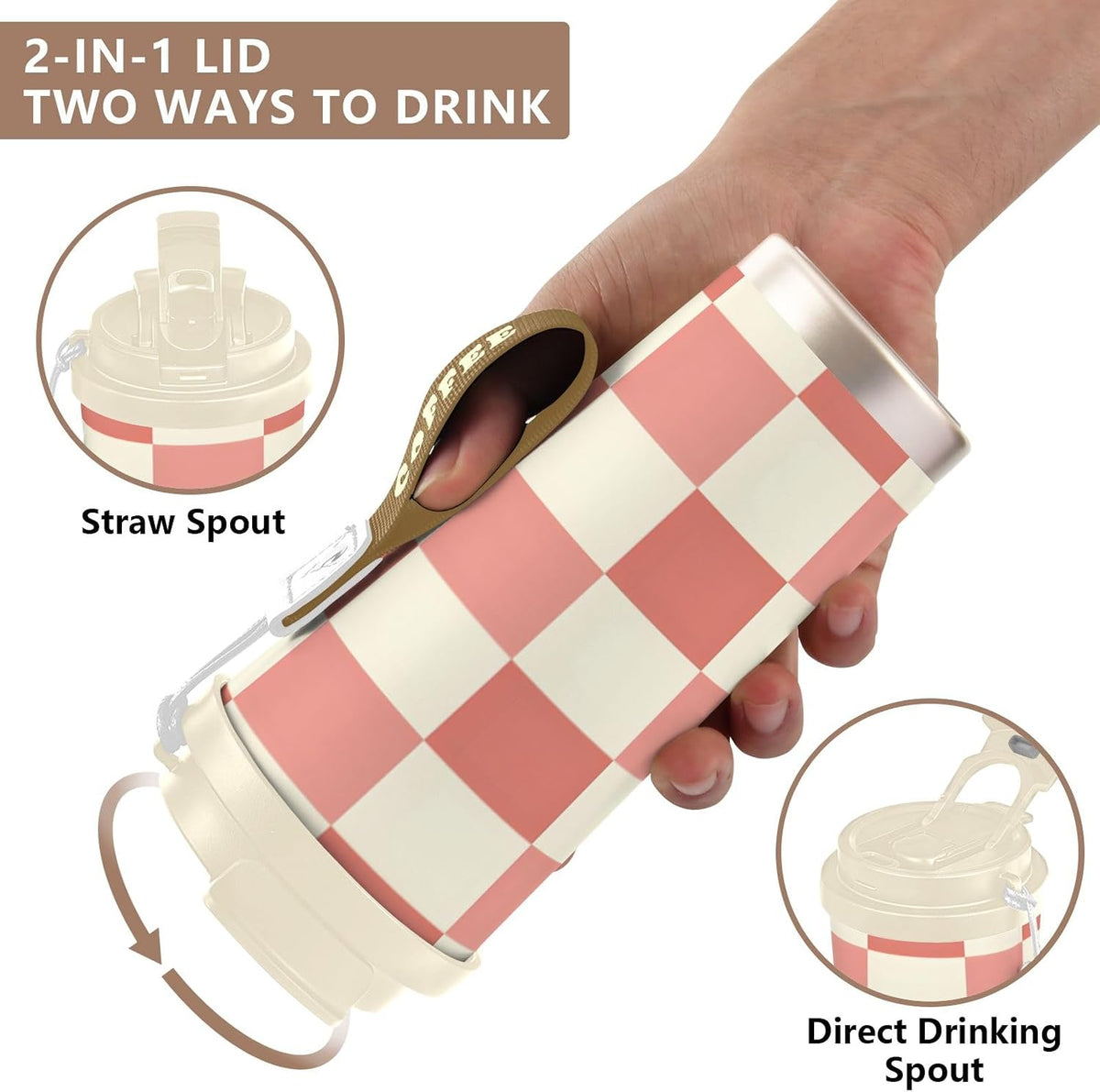 Coffee Tumbler Peach Cream Check Pattern Travel Insulated Mug with Lid Outdoor Stainless Steel Cup