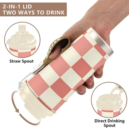 Coffee Tumbler Peach Cream Check Pattern Travel Insulated Mug with Lid Outdoor Stainless Steel Cup