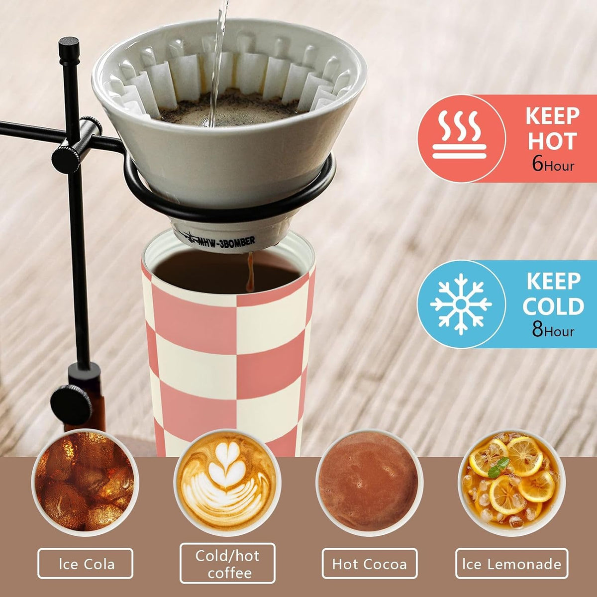Coffee Tumbler Peach Cream Check Pattern Travel Insulated Mug with Lid Outdoor Stainless Steel Cup