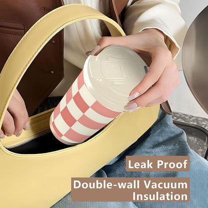Coffee Tumbler Peach Cream Check Pattern Travel Insulated Mug with Lid Outdoor Stainless Steel Cup