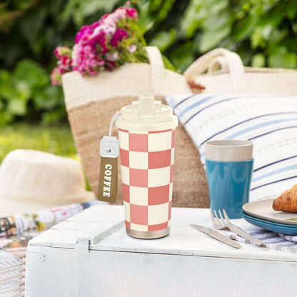 Coffee Tumbler Peach Cream Check Pattern Travel Insulated Mug with Lid Outdoor Stainless Steel Cup