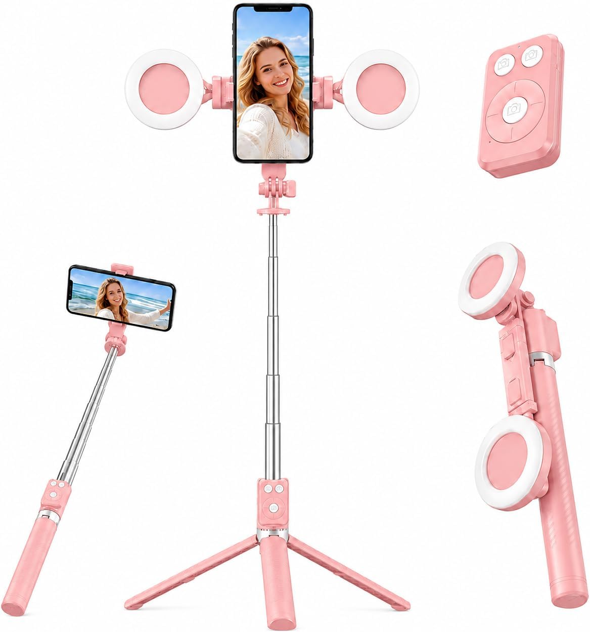 Selfie Stick Tripod with Light and Bluetooth Remote, 67" Extendable Mini Tripod Stand for iPhone Samsung Android, 6 in 1 Wireless Selfie Stick for TikTok YouTube Live Streaming(Pink)