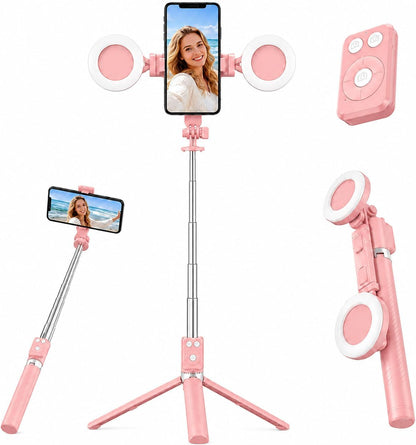 Selfie Stick Tripod with Light and Bluetooth Remote, 67" Extendable Mini Tripod Stand for iPhone Samsung Android, 6 in 1 Wireless Selfie Stick for TikTok YouTube Live Streaming(Pink)