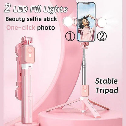 Selfie Stick Tripod with Light and Bluetooth Remote, 67" Extendable Mini Tripod Stand for iPhone Samsung Android, 6 in 1 Wireless Selfie Stick for TikTok YouTube Live Streaming(Pink)