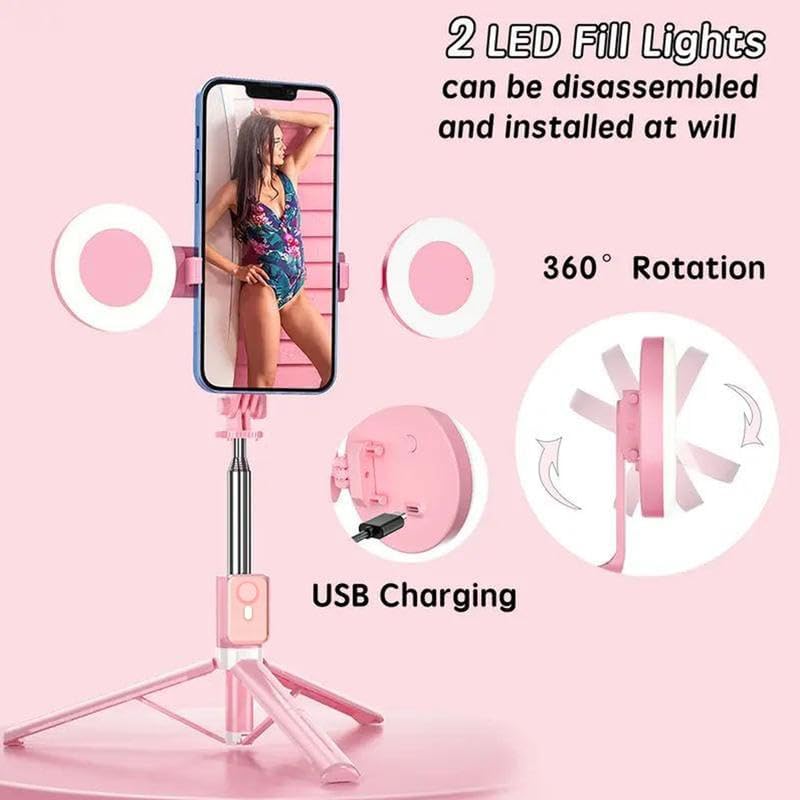 Selfie Stick Tripod with Light and Bluetooth Remote, 67" Extendable Mini Tripod Stand for iPhone Samsung Android, 6 in 1 Wireless Selfie Stick for TikTok YouTube Live Streaming(Pink)
