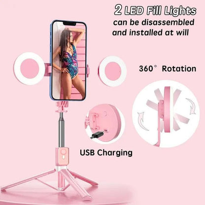 Selfie Stick Tripod with Light and Bluetooth Remote, 67" Extendable Mini Tripod Stand for iPhone Samsung Android, 6 in 1 Wireless Selfie Stick for TikTok YouTube Live Streaming(Pink)