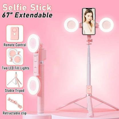 Selfie Stick Tripod with Light and Bluetooth Remote, 67" Extendable Mini Tripod Stand for iPhone Samsung Android, 6 in 1 Wireless Selfie Stick for TikTok YouTube Live Streaming(Pink)