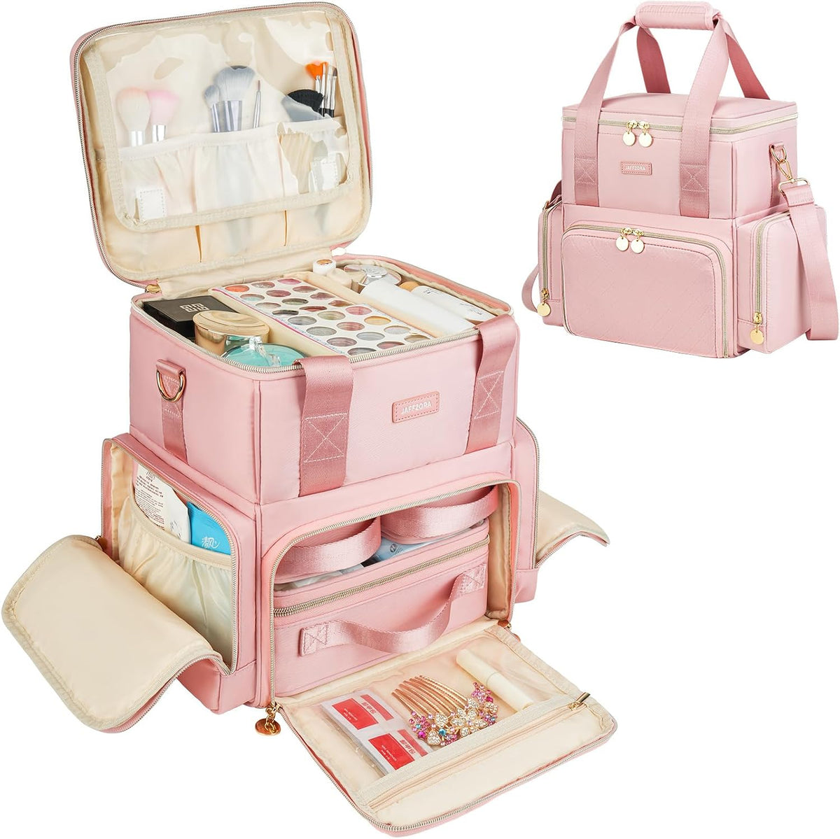 Extra Large Makeup Bag,4 in 1 Cosmetic Storage Organizer Travel Case with 3 Detachable Pouches and Dividers,Pink