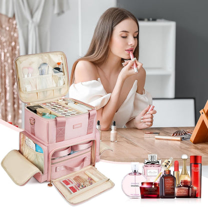 Extra Large Makeup Bag,4 in 1 Cosmetic Storage Organizer Travel Case with 3 Detachable Pouches and Dividers,Pink