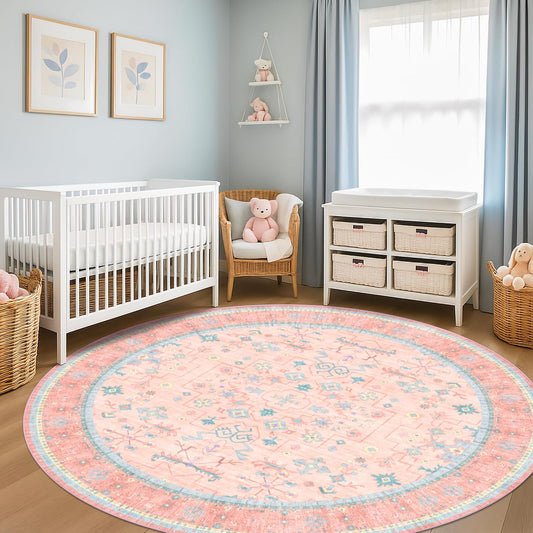 Pink 6ft Round Rug for Bedroom Girls Soft Non Slip - Washable Circle Rug for Nursery, Living Room, Dining Room, Home Office, Low Pile Pink Indoor Aesthetic Décor