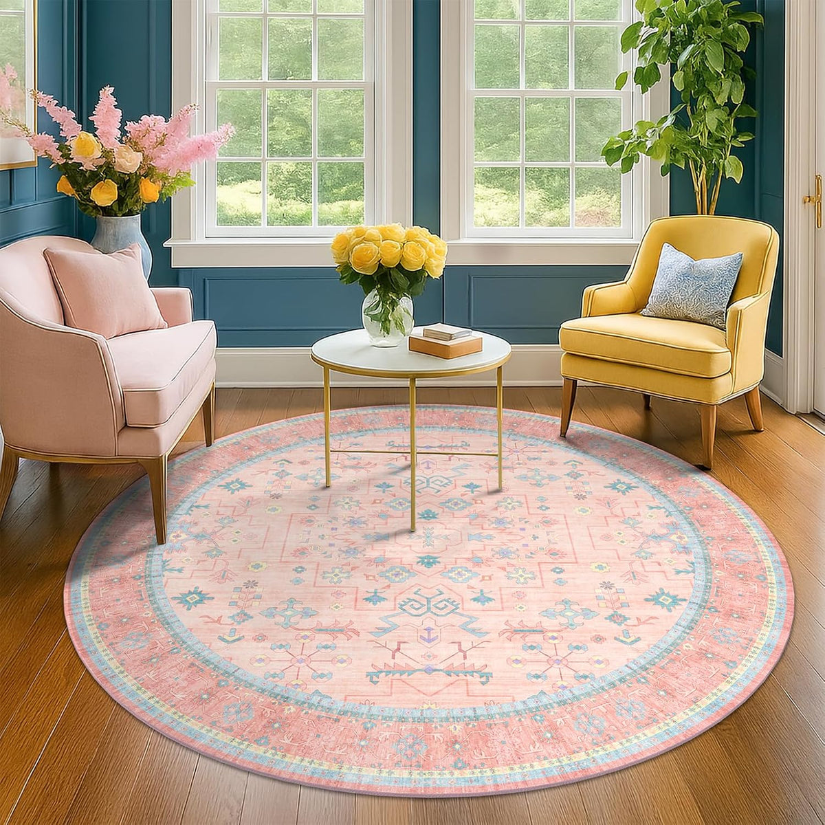 Pink 6ft Round Rug for Bedroom Girls Soft Non Slip - Washable Circle Rug for Nursery, Living Room, Dining Room, Home Office, Low Pile Pink Indoor Aesthetic Décor