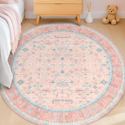 Pink 6ft Round Rug for Bedroom Girls Soft Non Slip - Washable Circle Rug for Nursery, Living Room, Dining Room, Home Office, Low Pile Pink Indoor Aesthetic Décor