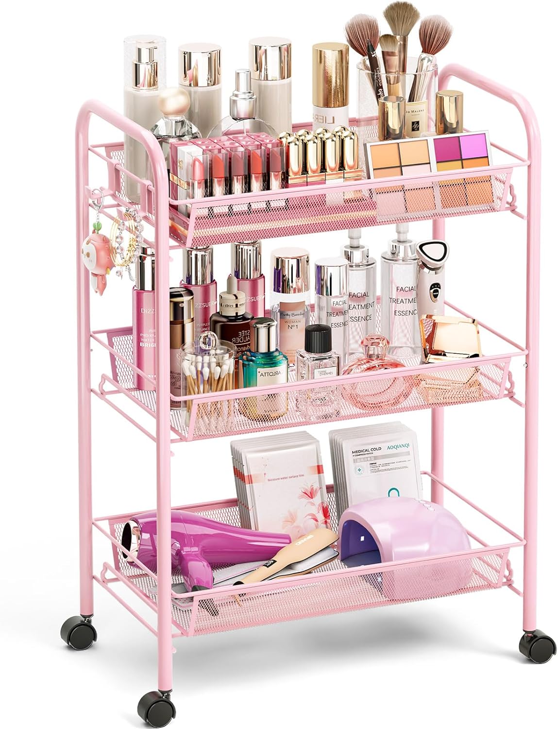 3 Tier Rolling Cart, Metal Utility Storage Cart with Wheels, Pink