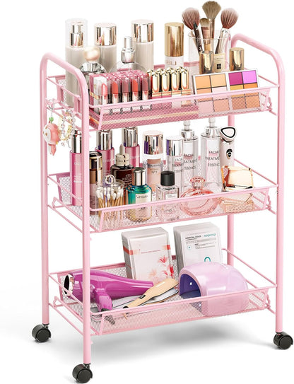 3 Tier Rolling Cart, Metal Utility Storage Cart with Wheels, Pink