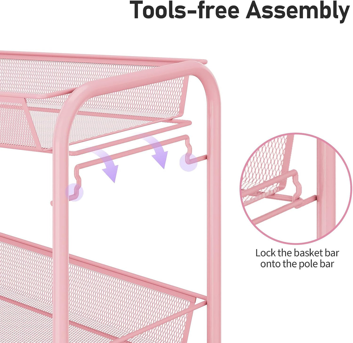 3 Tier Rolling Cart, Metal Utility Storage Cart with Wheels, Pink