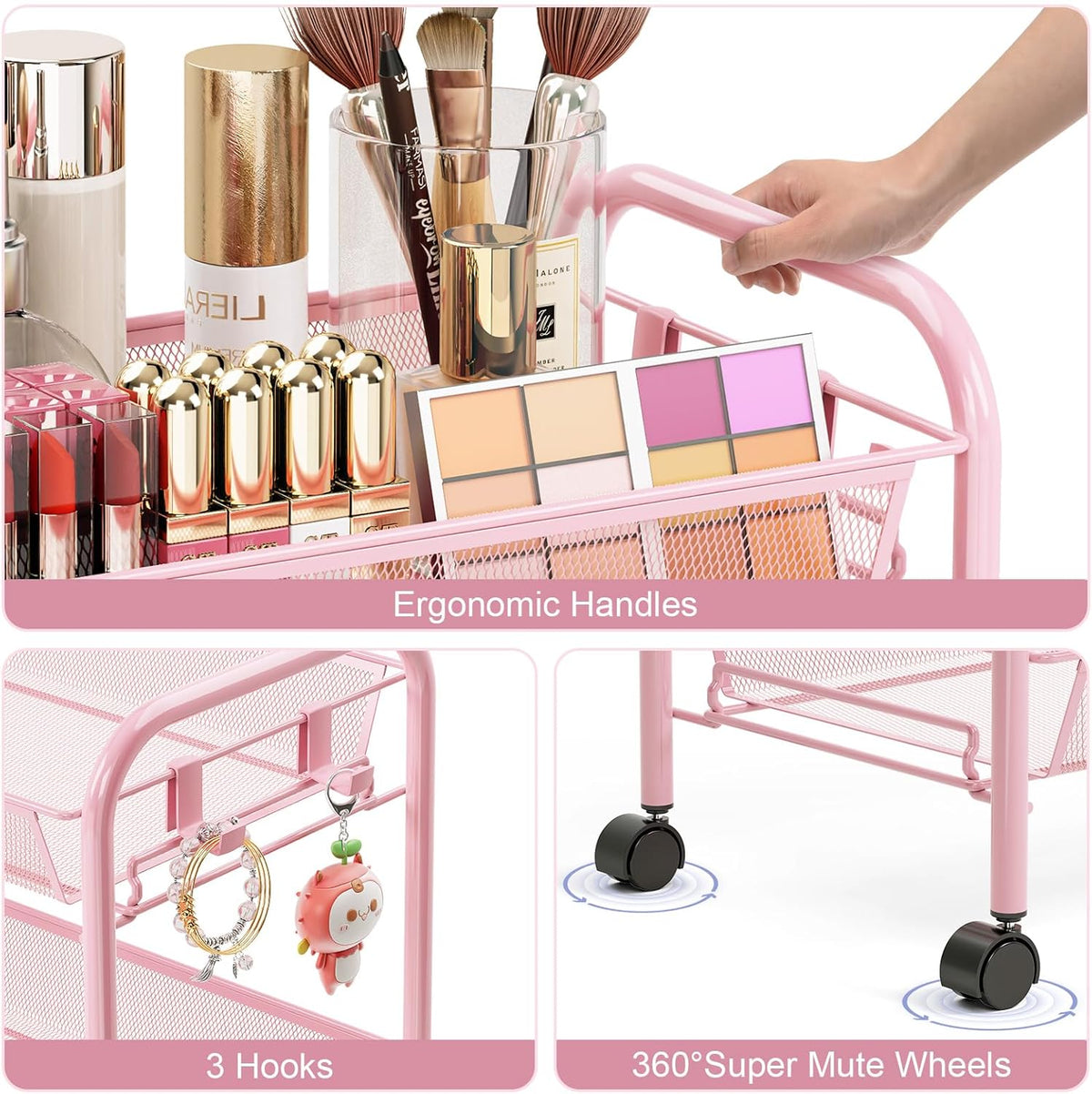 3 Tier Rolling Cart, Metal Utility Storage Cart with Wheels, Pink